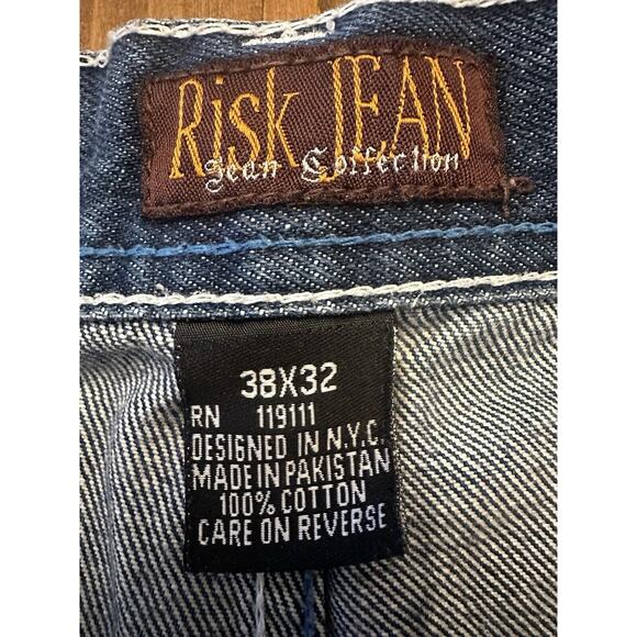 Y2K RISK NYC Street Knowledge Embroidered Jeans Mens 38x32 Baggy Skater Wide Leg - Picture 9 of 16